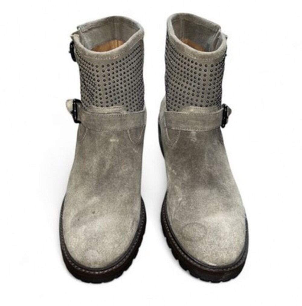 Coach Studded Buckle Combat Moto Boots Taupe Suede Size 7.5
